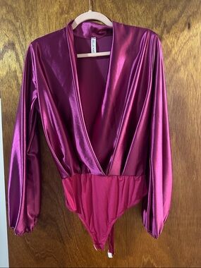 Nellie Mae Shiny Magenta Satin Plunge Bodysuit